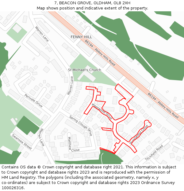 7, BEACON GROVE, OLDHAM, OL8 2XH: Location map and indicative extent of plot