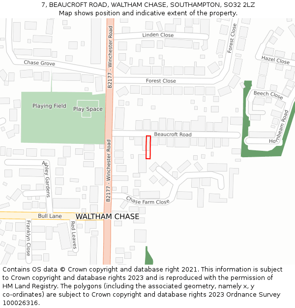 7, BEAUCROFT ROAD, WALTHAM CHASE, SOUTHAMPTON, SO32 2LZ: Location map and indicative extent of plot