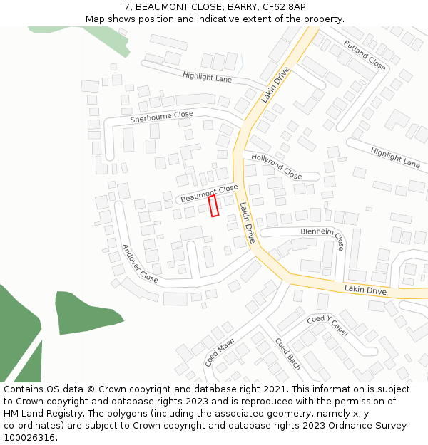 7, BEAUMONT CLOSE, BARRY, CF62 8AP: Location map and indicative extent of plot