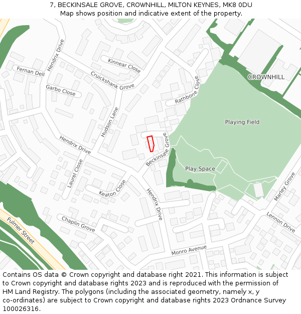 7, BECKINSALE GROVE, CROWNHILL, MILTON KEYNES, MK8 0DU: Location map and indicative extent of plot