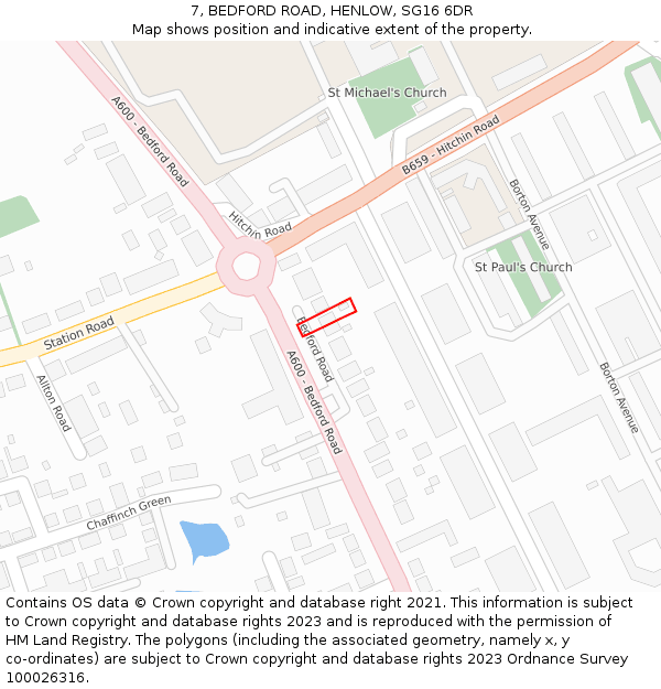 7, BEDFORD ROAD, HENLOW, SG16 6DR: Location map and indicative extent of plot