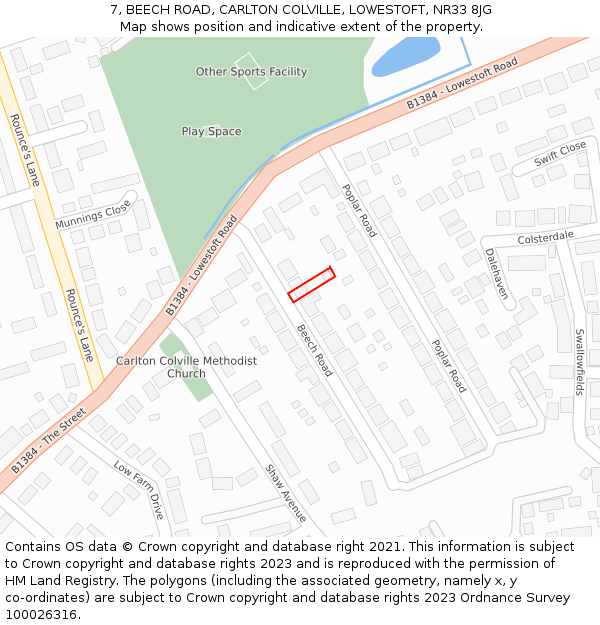 7, BEECH ROAD, CARLTON COLVILLE, LOWESTOFT, NR33 8JG: Location map and indicative extent of plot