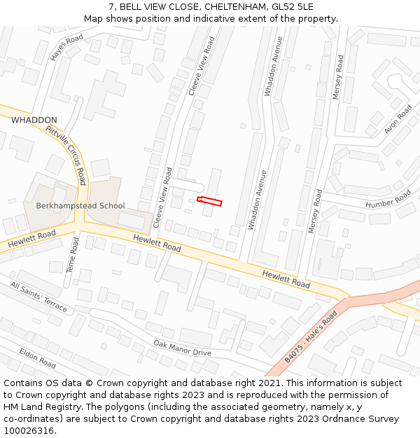 7, BELL VIEW CLOSE, CHELTENHAM, GL52 5LE: Location map and indicative extent of plot