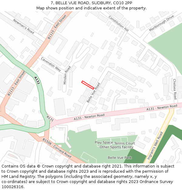 7, BELLE VUE ROAD, SUDBURY, CO10 2PP: Location map and indicative extent of plot