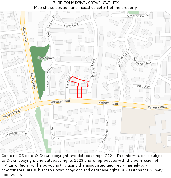 7, BELTONY DRIVE, CREWE, CW1 4TX: Location map and indicative extent of plot