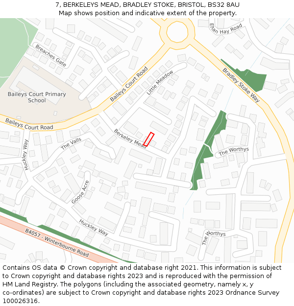 7, BERKELEYS MEAD, BRADLEY STOKE, BRISTOL, BS32 8AU: Location map and indicative extent of plot