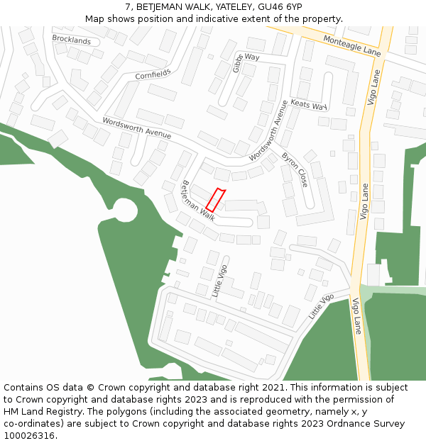 7, BETJEMAN WALK, YATELEY, GU46 6YP: Location map and indicative extent of plot