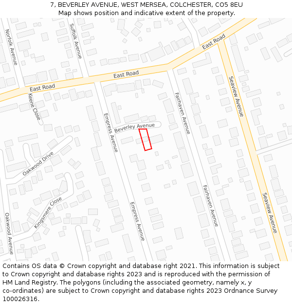 7, BEVERLEY AVENUE, WEST MERSEA, COLCHESTER, CO5 8EU: Location map and indicative extent of plot