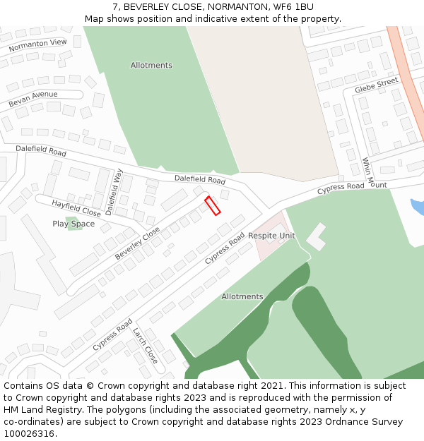 7, BEVERLEY CLOSE, NORMANTON, WF6 1BU: Location map and indicative extent of plot