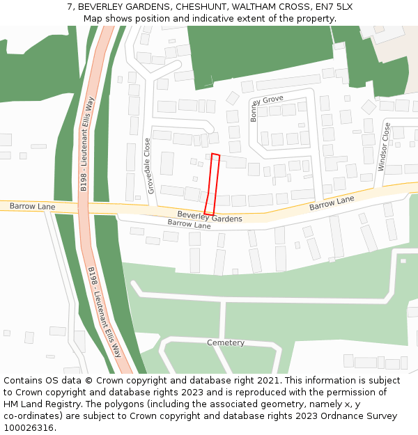 7, BEVERLEY GARDENS, CHESHUNT, WALTHAM CROSS, EN7 5LX: Location map and indicative extent of plot