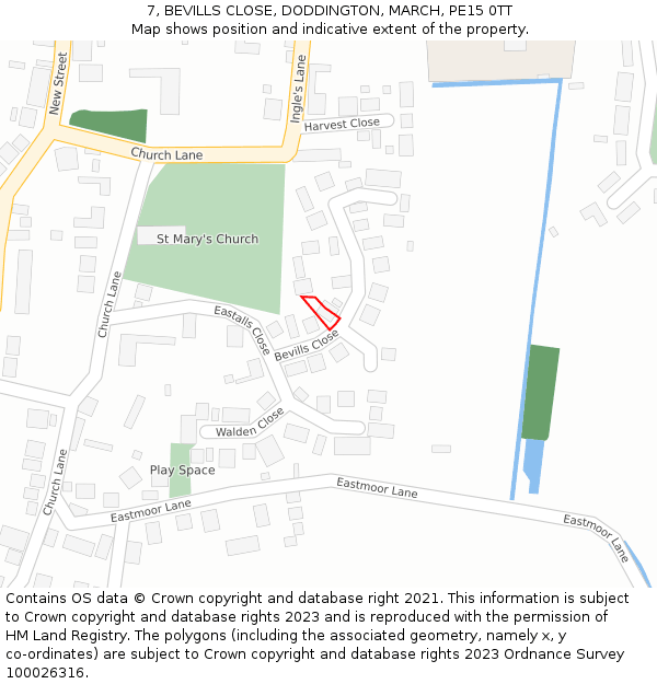 7, BEVILLS CLOSE, DODDINGTON, MARCH, PE15 0TT: Location map and indicative extent of plot