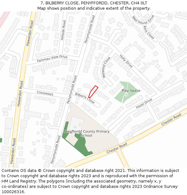 7, BILBERRY CLOSE, PENYFFORDD, CHESTER, CH4 0LT: Location map and indicative extent of plot