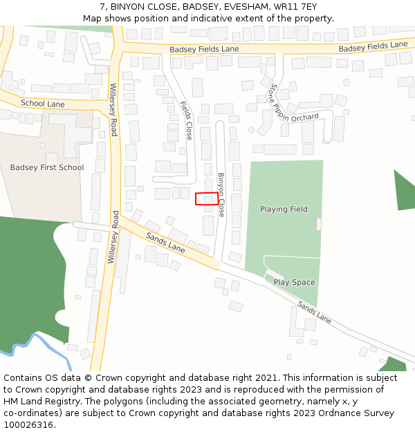 7, BINYON CLOSE, BADSEY, EVESHAM, WR11 7EY: Location map and indicative extent of plot