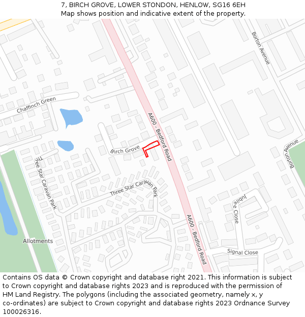 7, BIRCH GROVE, LOWER STONDON, HENLOW, SG16 6EH: Location map and indicative extent of plot