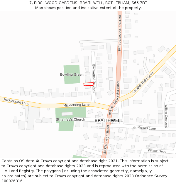 7, BIRCHWOOD GARDENS, BRAITHWELL, ROTHERHAM, S66 7BT: Location map and indicative extent of plot