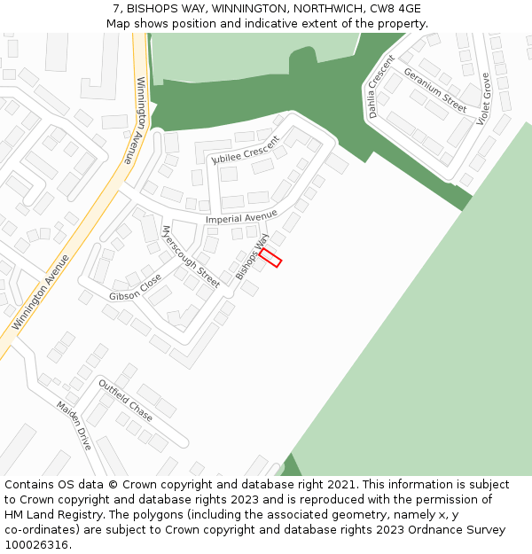 7, BISHOPS WAY, WINNINGTON, NORTHWICH, CW8 4GE: Location map and indicative extent of plot