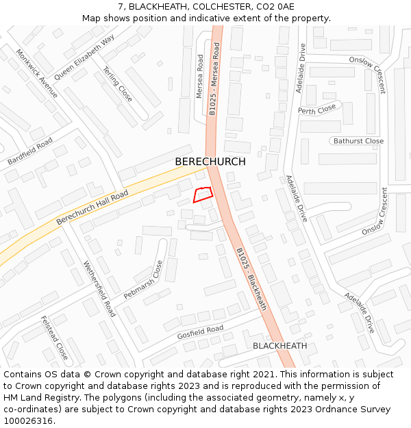 7, BLACKHEATH, COLCHESTER, CO2 0AE: Location map and indicative extent of plot