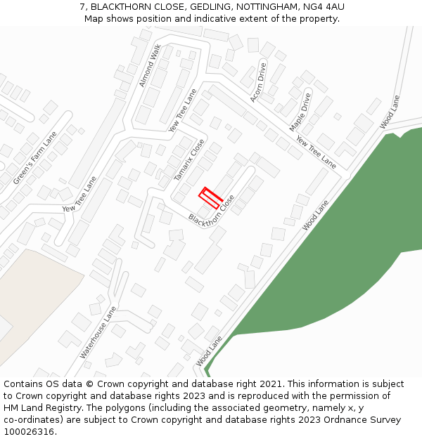 7, BLACKTHORN CLOSE, GEDLING, NOTTINGHAM, NG4 4AU: Location map and indicative extent of plot