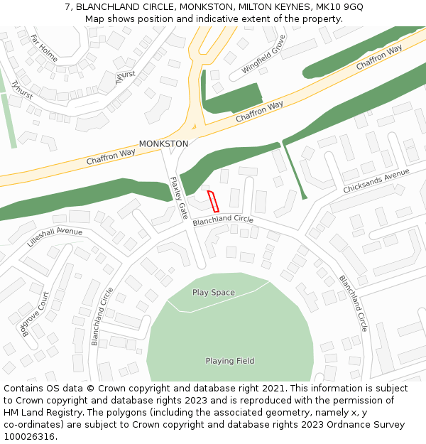 7, BLANCHLAND CIRCLE, MONKSTON, MILTON KEYNES, MK10 9GQ: Location map and indicative extent of plot