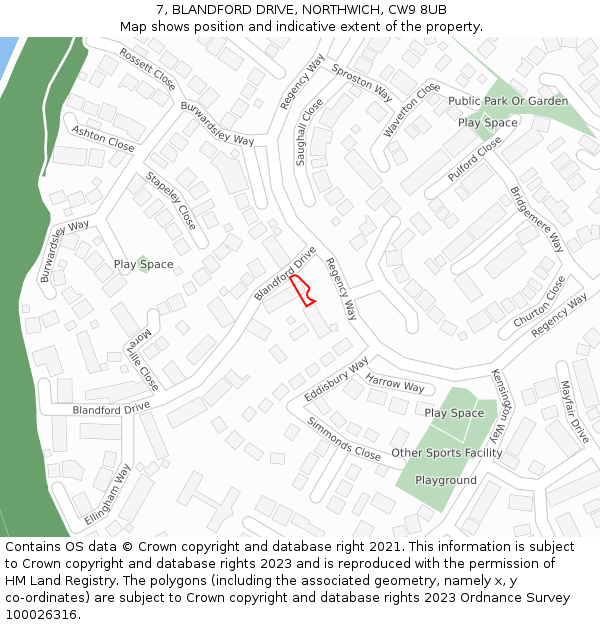 7, BLANDFORD DRIVE, NORTHWICH, CW9 8UB: Location map and indicative extent of plot