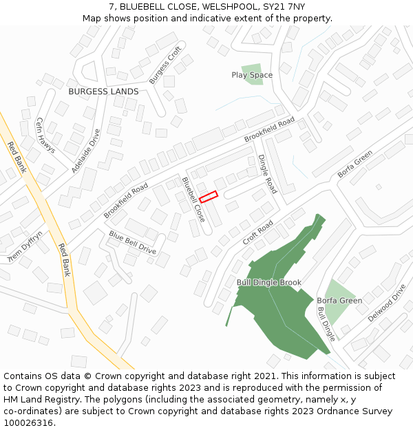 7, BLUEBELL CLOSE, WELSHPOOL, SY21 7NY: Location map and indicative extent of plot