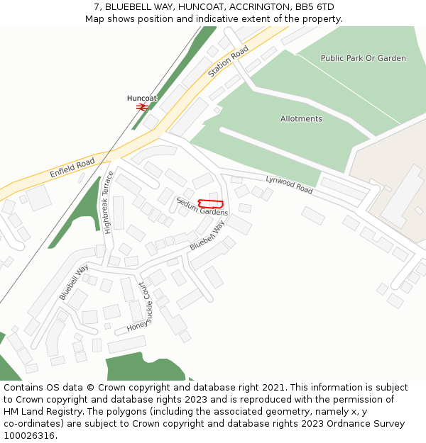 7, BLUEBELL WAY, HUNCOAT, ACCRINGTON, BB5 6TD: Location map and indicative extent of plot