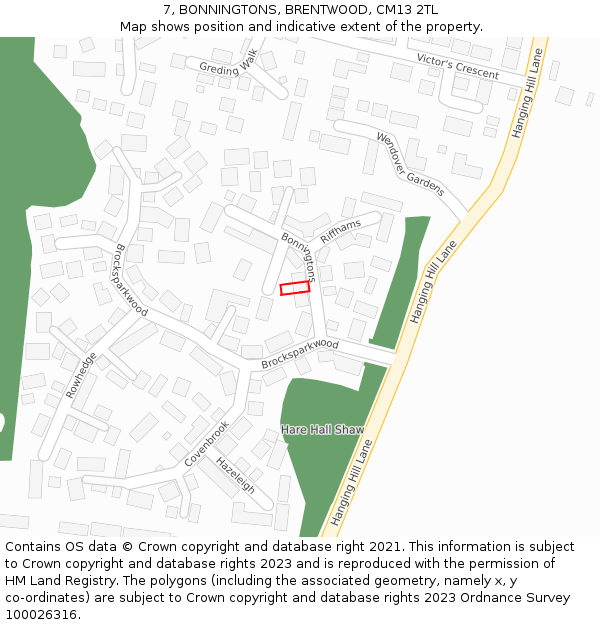 7, BONNINGTONS, BRENTWOOD, CM13 2TL: Location map and indicative extent of plot