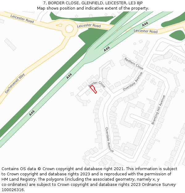 7, BORDER CLOSE, GLENFIELD, LEICESTER, LE3 8JP: Location map and indicative extent of plot