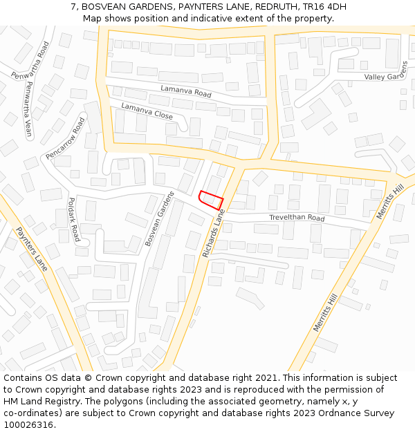 7, BOSVEAN GARDENS, PAYNTERS LANE, REDRUTH, TR16 4DH: Location map and indicative extent of plot