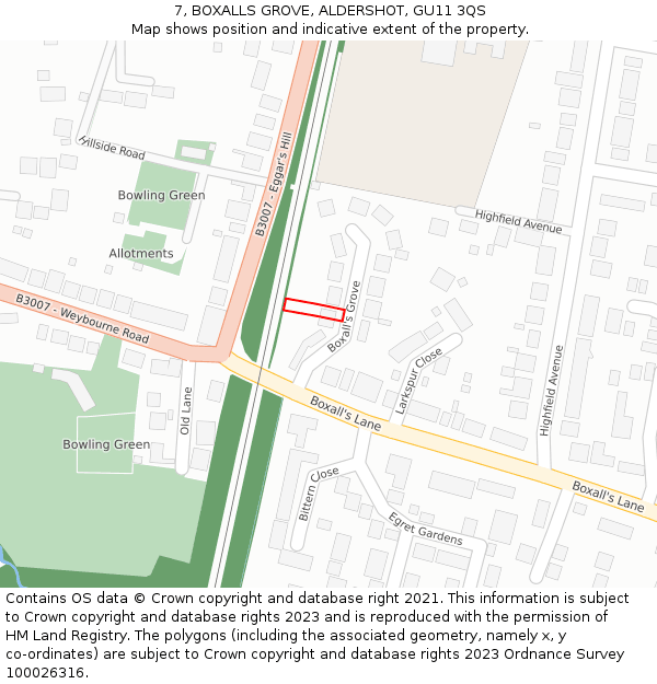 7, BOXALLS GROVE, ALDERSHOT, GU11 3QS: Location map and indicative extent of plot