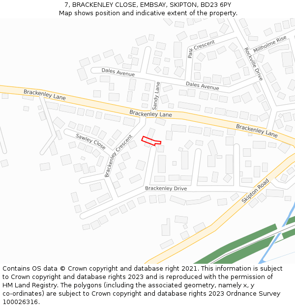7, BRACKENLEY CLOSE, EMBSAY, SKIPTON, BD23 6PY: Location map and indicative extent of plot