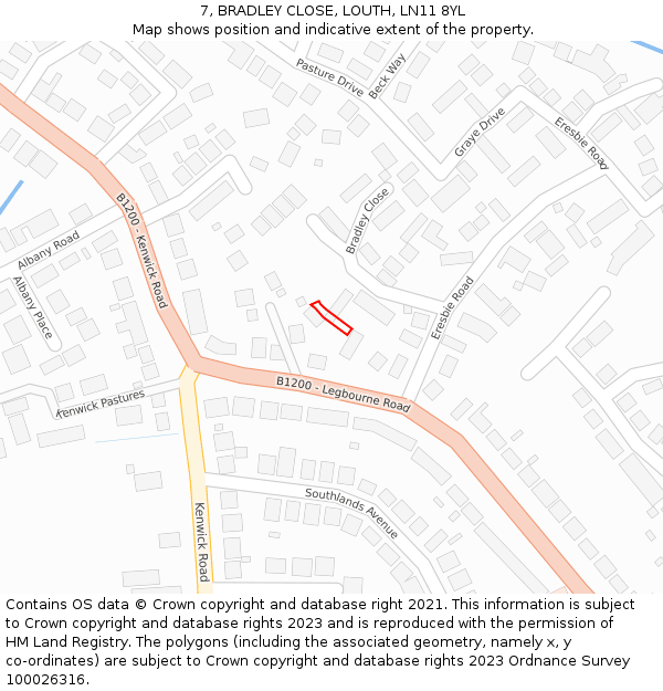 7, BRADLEY CLOSE, LOUTH, LN11 8YL: Location map and indicative extent of plot