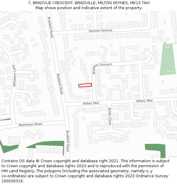 7, BRADVUE CRESCENT, BRADVILLE, MILTON KEYNES, MK13 7AH: Location map and indicative extent of plot