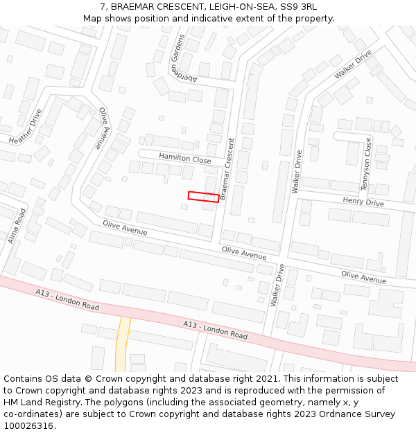 7, BRAEMAR CRESCENT, LEIGH-ON-SEA, SS9 3RL: Location map and indicative extent of plot