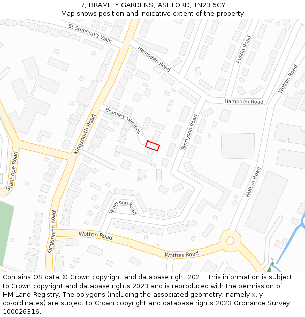 7, BRAMLEY GARDENS, ASHFORD, TN23 6GY: Location map and indicative extent of plot