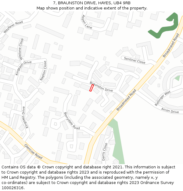 7, BRAUNSTON DRIVE, HAYES, UB4 9RB: Location map and indicative extent of plot