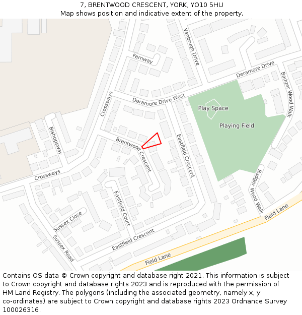7, BRENTWOOD CRESCENT, YORK, YO10 5HU: Location map and indicative extent of plot