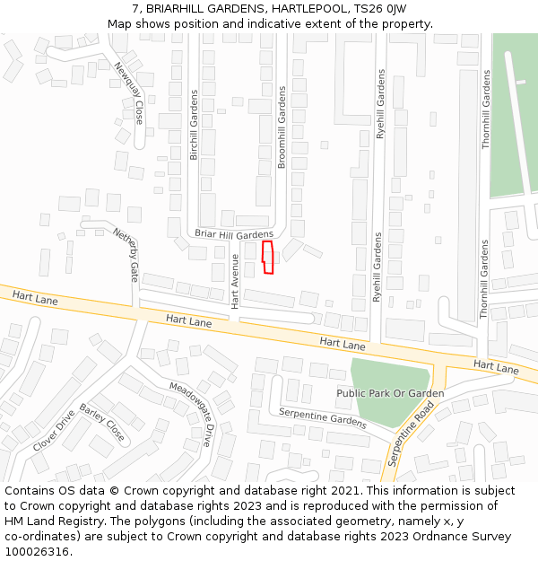7, BRIARHILL GARDENS, HARTLEPOOL, TS26 0JW: Location map and indicative extent of plot