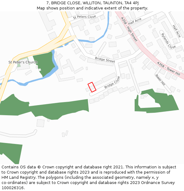 7, BRIDGE CLOSE, WILLITON, TAUNTON, TA4 4PJ: Location map and indicative extent of plot