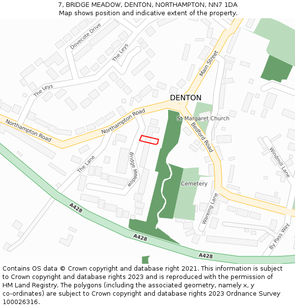 7, BRIDGE MEADOW, DENTON, NORTHAMPTON, NN7 1DA: Location map and indicative extent of plot