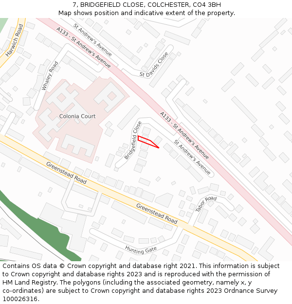 7, BRIDGEFIELD CLOSE, COLCHESTER, CO4 3BH: Location map and indicative extent of plot