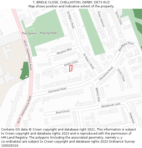 7, BRIDLE CLOSE, CHELLASTON, DERBY, DE73 6UZ: Location map and indicative extent of plot