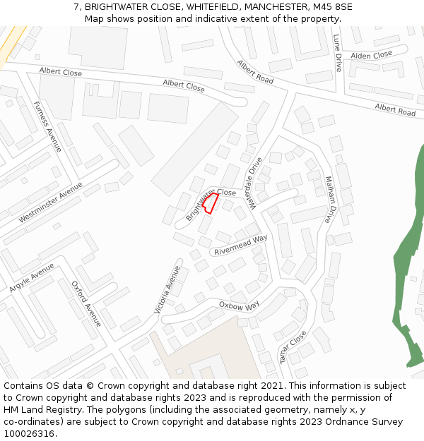 7, BRIGHTWATER CLOSE, WHITEFIELD, MANCHESTER, M45 8SE: Location map and indicative extent of plot