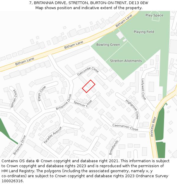 7, BRITANNIA DRIVE, STRETTON, BURTON-ON-TRENT, DE13 0EW: Location map and indicative extent of plot