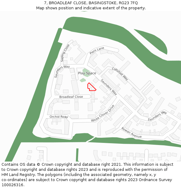 7, BROADLEAF CLOSE, BASINGSTOKE, RG23 7FQ: Location map and indicative extent of plot