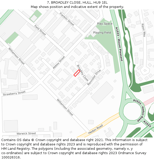 7, BROADLEY CLOSE, HULL, HU9 1EL: Location map and indicative extent of plot