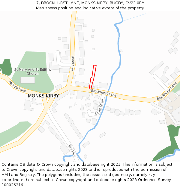 7, BROCKHURST LANE, MONKS KIRBY, RUGBY, CV23 0RA: Location map and indicative extent of plot