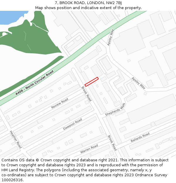 7, BROOK ROAD, LONDON, NW2 7BJ: Location map and indicative extent of plot