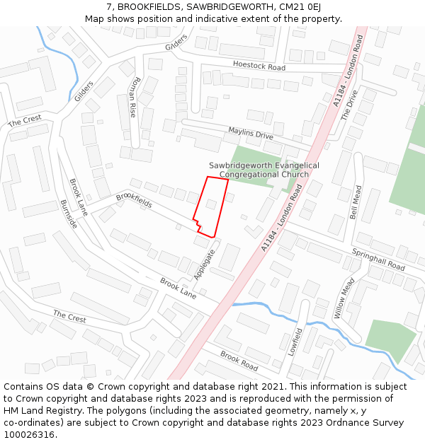 7, BROOKFIELDS, SAWBRIDGEWORTH, CM21 0EJ: Location map and indicative extent of plot