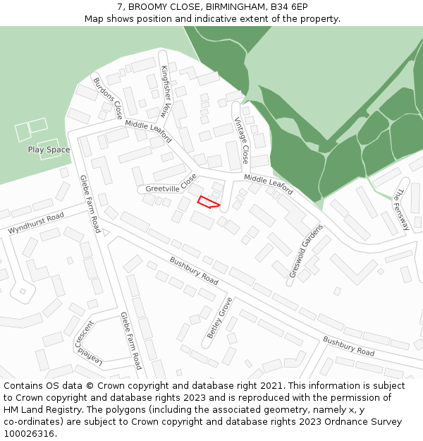 7, BROOMY CLOSE, BIRMINGHAM, B34 6EP: Location map and indicative extent of plot